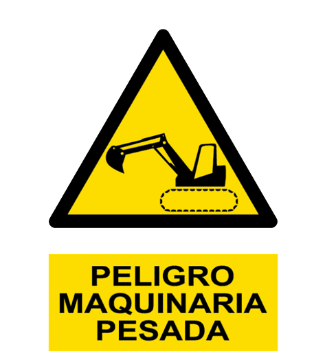 Señales verticales de prevención: Gran señal de 'Peligro: Maquinaria Pesada' en una mina de Arequipa.